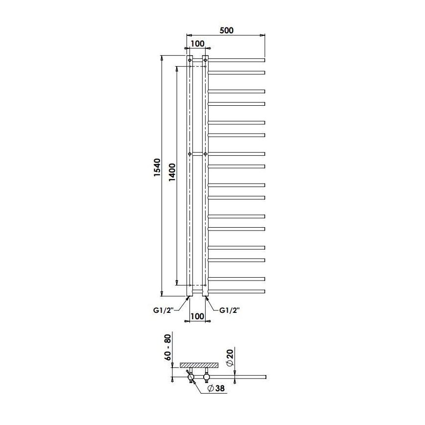 P.M.H. T2B-L - Vonios rankšluosčių radiatorius THEIA 352W 154 cm kairinis/juodas
