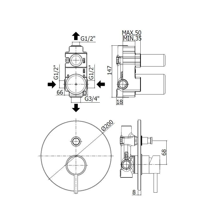 Paffoni - Dušo maišytuvas LIGHT potinkinei montavimui blizgus chromas