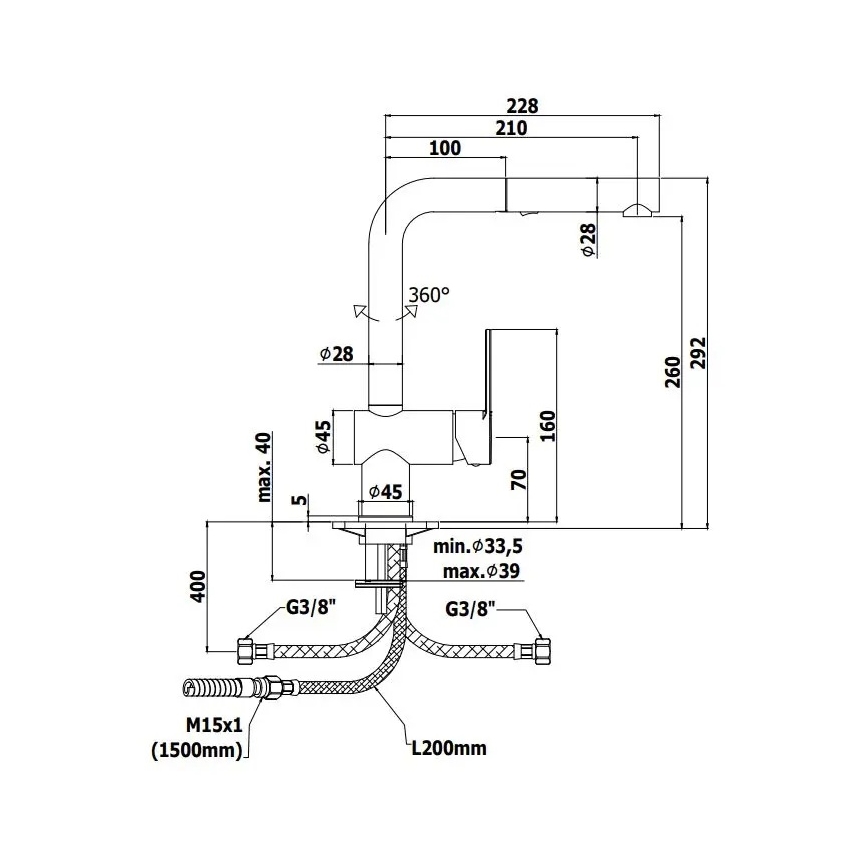 Paffoni - kriauklės maišytuvas su ištraukiamu purkštuku RINGO 29,2 cm juodas