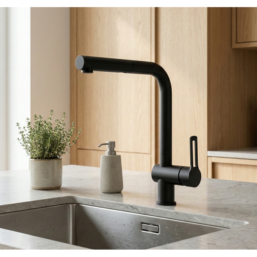 Paffoni - kriauklės maišytuvas su ištraukiamu purkštuku RINGO 29,2 cm juodas