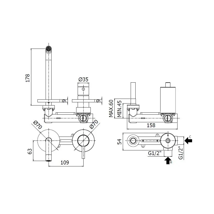 Paffoni - LIGHT praustuvo maišytuvas potinkiniam montavimui šlifuoto aukso