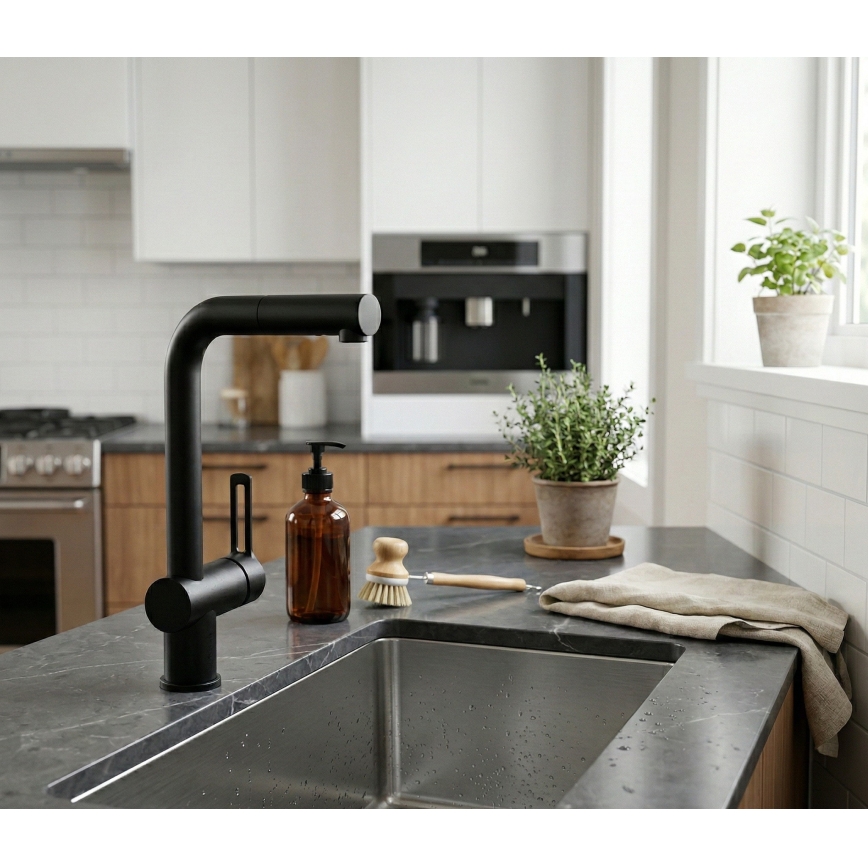 Paffoni - Plautuvės maišytuvas su ištraukiama galvute RINGO juodas