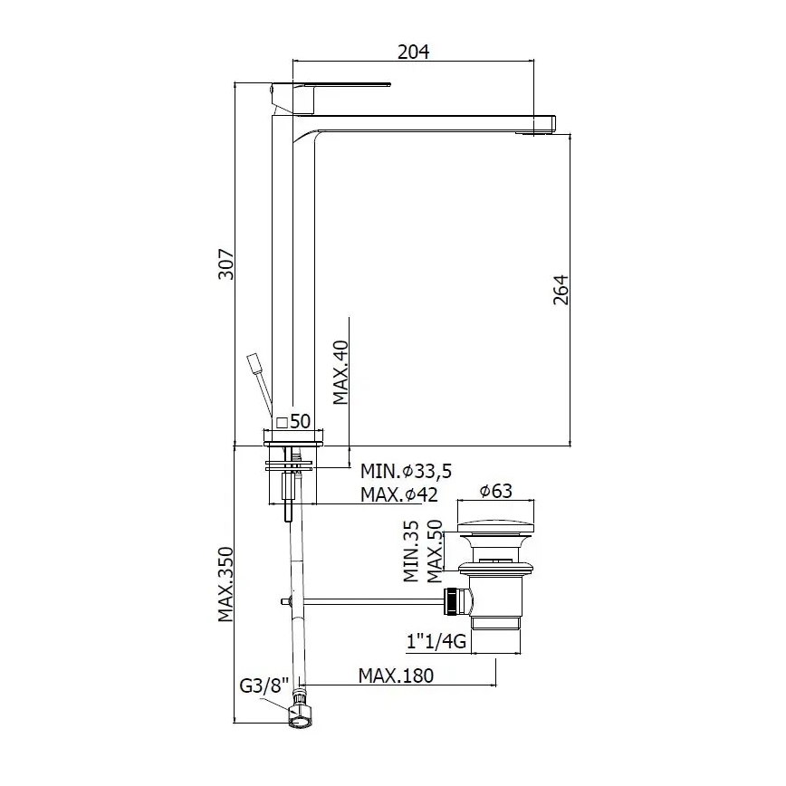Paffoni - Praustuvo maišytuvas + dugno vožtuvas TANGO nerūdijančio plieno