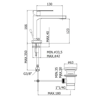 Paffoni - praustuvo maišytuvas su išleidimo ventiliu TANGO iš nerūdijančio plieno