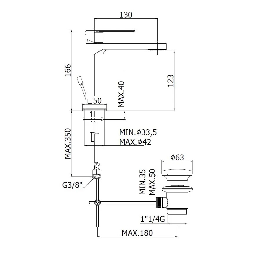 Paffoni - praustuvo maišytuvas su išleidimo ventiliu TANGO iš nerūdijančio plieno