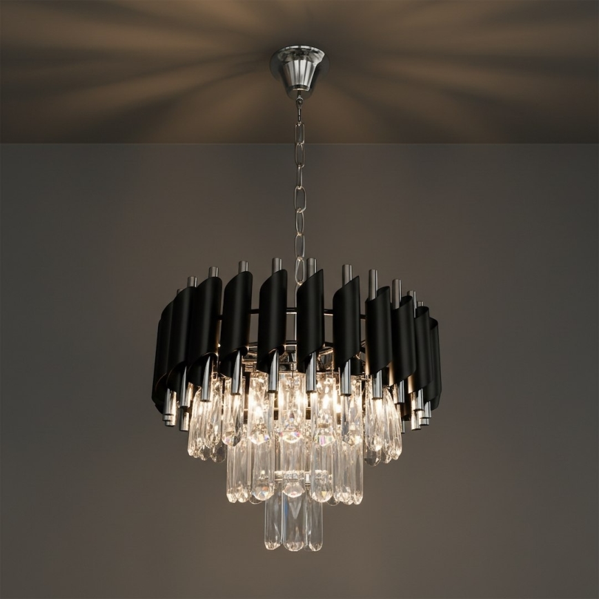 Pakabinama liustra ant grandinės CRISTAL 5xE14/10W/230V Ø 38 cm juoda/matinis chromas