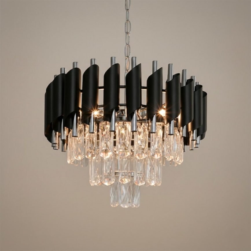 Pakabinama liustra ant grandinės CRISTAL 5xE14/10W/230V Ø 38 cm juoda/matinis chromas