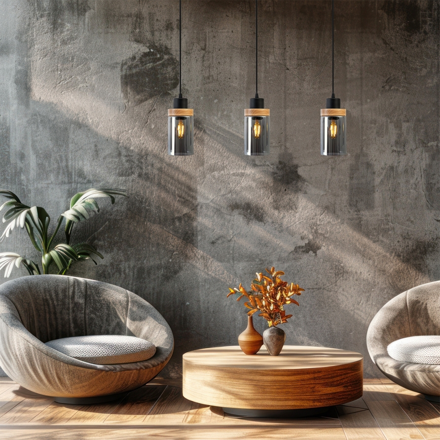 Pakabinama liustra ant laido WOODNEST 3xE27/15W/230V pušis/dūminė juoda