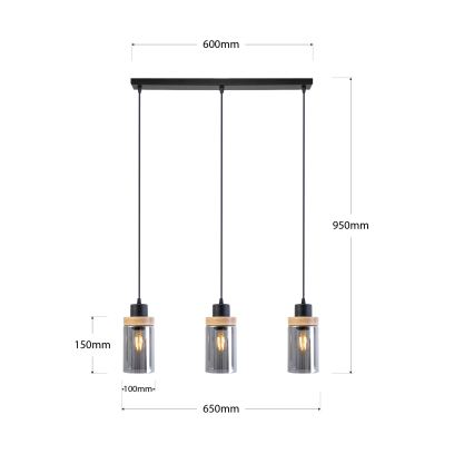 Pakabinama liustra ant laido WOODNEST 3xE27/15W/230V pušis/dūminė juoda