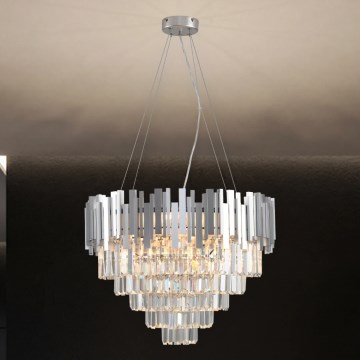 Pakabinamas krištolinis sietynas PLAZA ant laido, 9 x E14 (maks. 40 W), 230 V, skersmuo 60 cm, sidabrinės spalvos