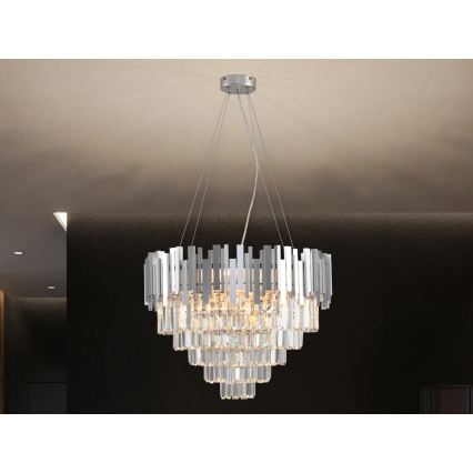 Pakabinamas krištolinis sietynas PLAZA ant laido, 9 x E14 (maks. 40 W), 230 V, skersmuo 60 cm, sidabrinės spalvos