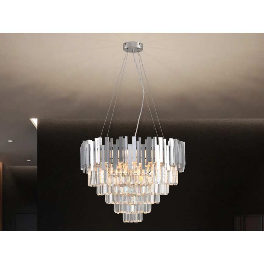 Pakabinamas krištolinis sietynas PLAZA ant laido, 9 x E14 (maks. 40 W), 230 V, skersmuo 60 cm, sidabrinės spalvos