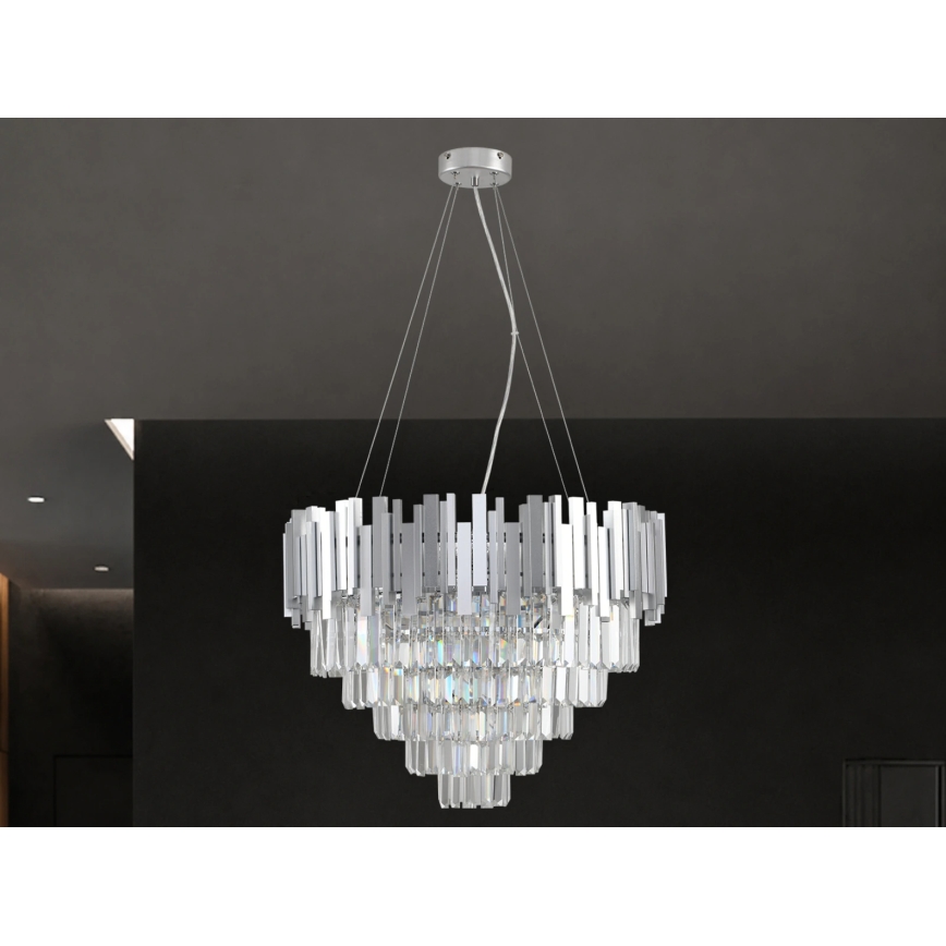 Pakabinamas krištolinis sietynas PLAZA ant laido, 9 x E14 (maks. 40 W), 230 V, skersmuo 60 cm, sidabrinės spalvos