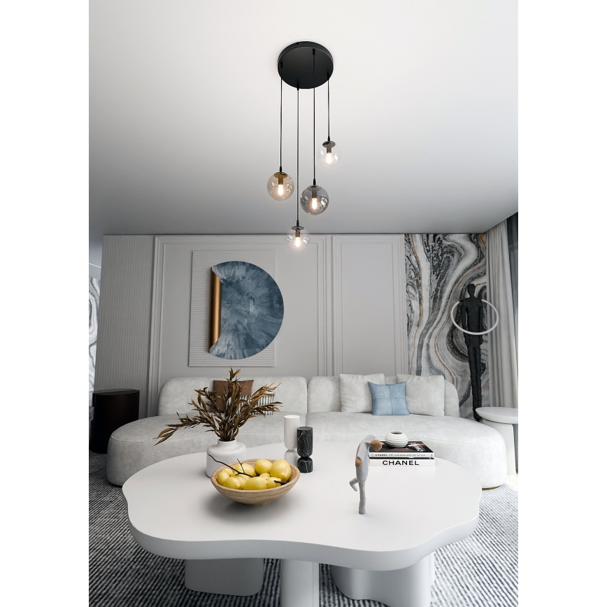Pakabinamas sietynas COSMO 4xE14/10W/230V diametras 40 cm juoda/pilka/smėlio spalva/permatoma