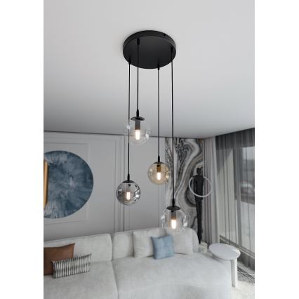 Pakabinamas sietynas COSMO 4xE14/10W/230V diametras 40 cm juoda/pilka/smėlio spalva/permatoma