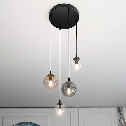 Pakabinamas sietynas COSMO 4xE14/10W/230V diametras 40 cm juoda/pilka/smėlio spalva/permatoma