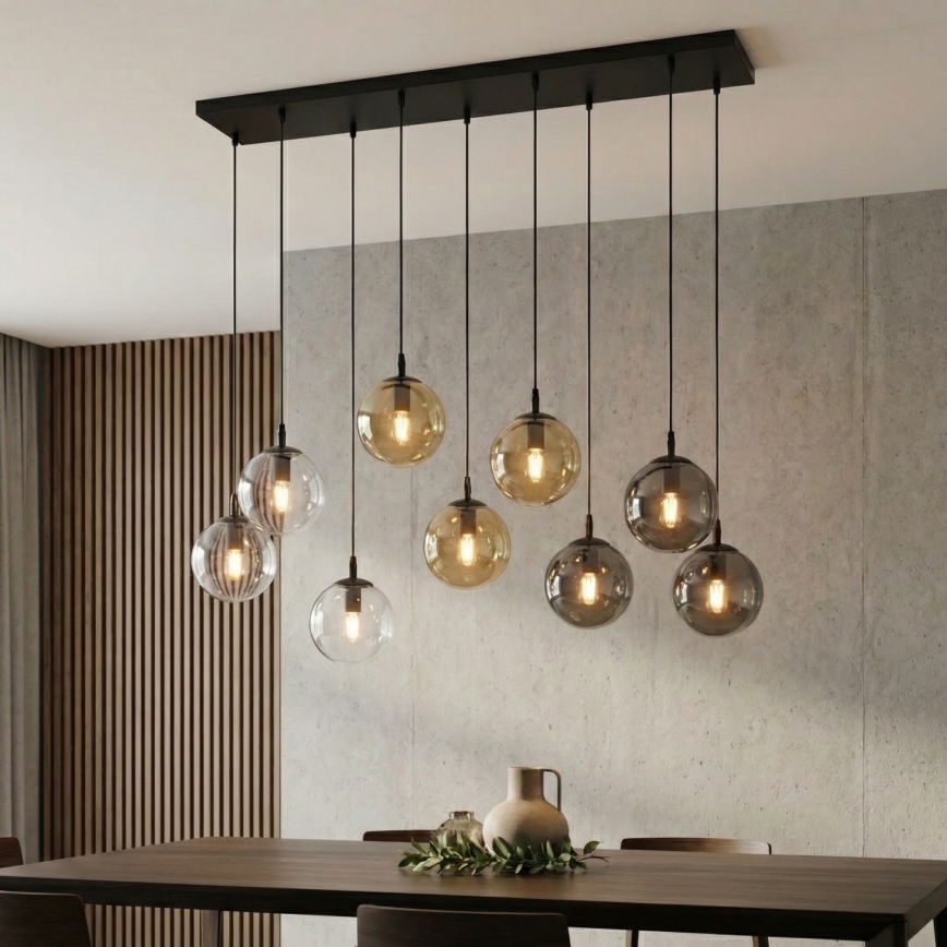 Pakabinamas sietynas COSMO 9xE14/10W/230V juoda/pilka/smėlio spalva/permatoma