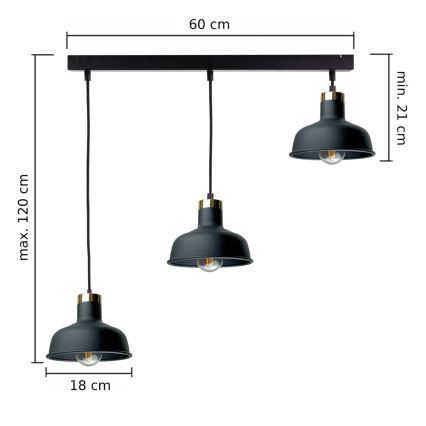 Pakabinamas sietynas HEBE 3xE27/60W/230V juoda