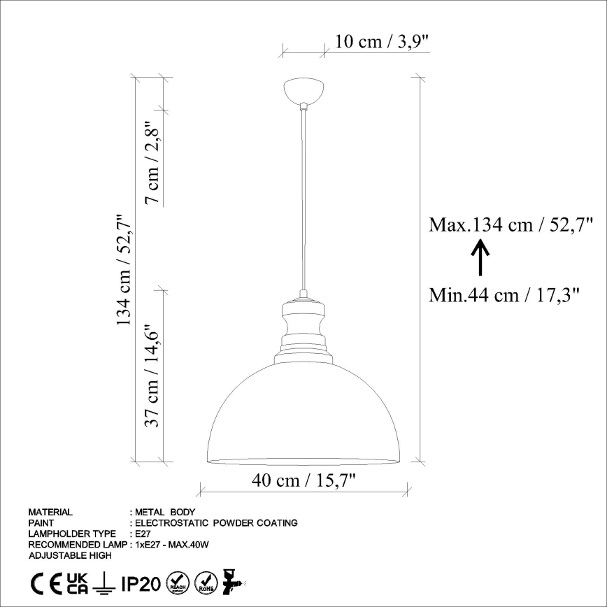 Pakabinamas sietynas KURE 1xE27/40W/230V diametras 40 cm pilka