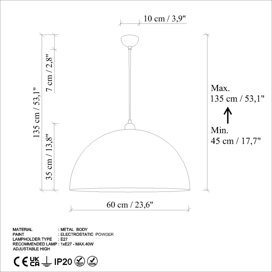 Pakabinamas sietynas KURE 1xE27/40W/230V diametras 60 cm pilka