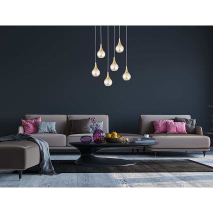 Pakabinamas sietynas LACRIMA HONEY 6xE27/60W/230V balta/auksas/dūminis smėlio spalva