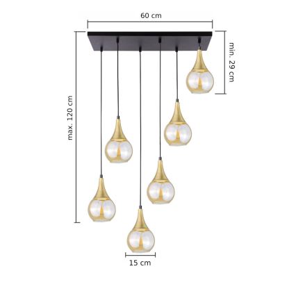 Pakabinamas sietynas LACRIMA HONEY 6xE27/60W/230V juoda/auksas/dūminis smėlio spalva