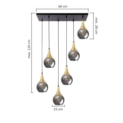 Pakabinamas sietynas LACRIMA SMOKY 6xE27/60W/230V juoda/auksas/dūminis juoda