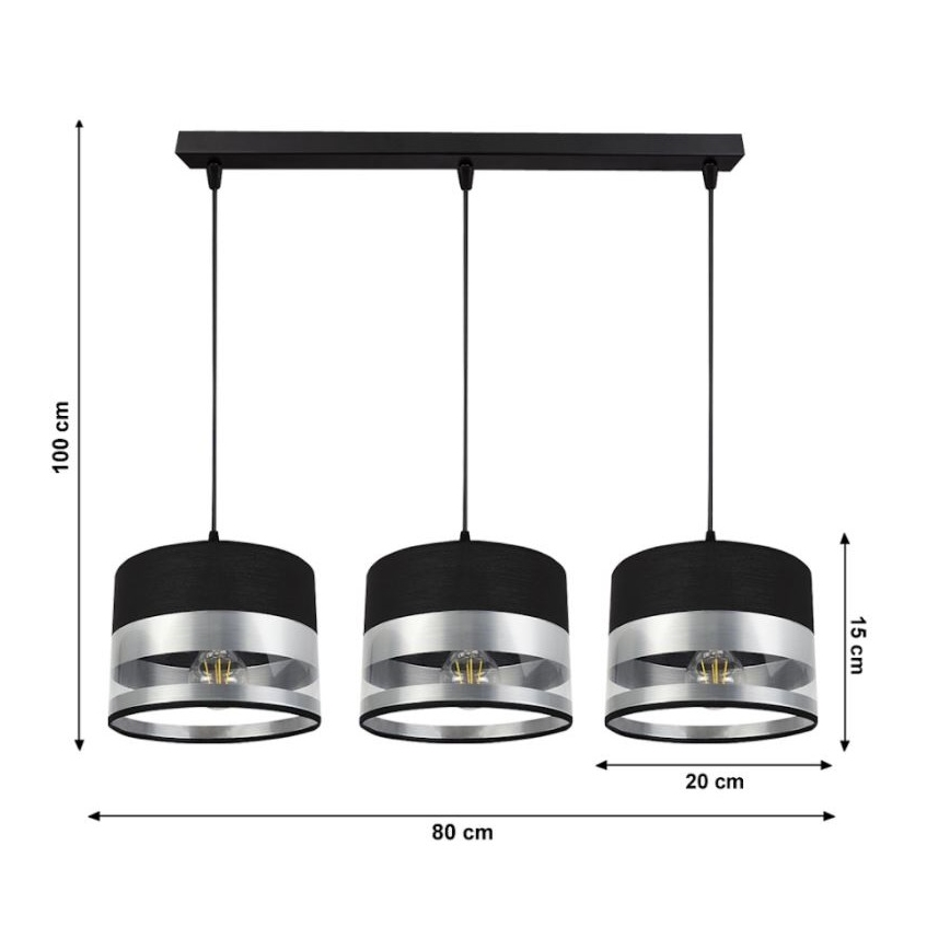 Pakabinamas sietynas MILO 3xE27/60W/230V sidabras/juodas