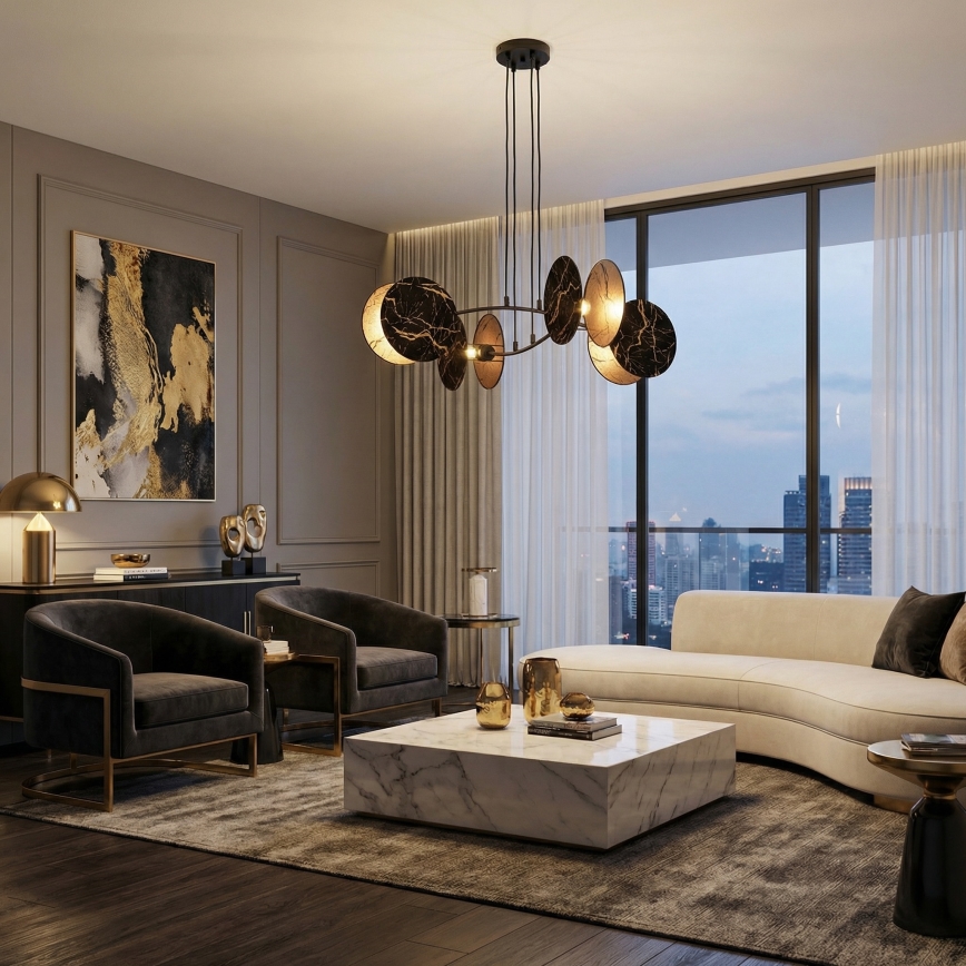 Pakabinamas sietynas MOTIF 4xE27/15W/230V juoda/auksas