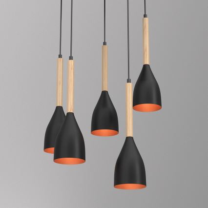 Pakabinamas sietynas MUZA 5xE27/15W/230V juoda/smėlio spalva/varis/bukas