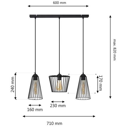 Pakabinamas sietynas TORRI 3xE27/15W/230V juoda