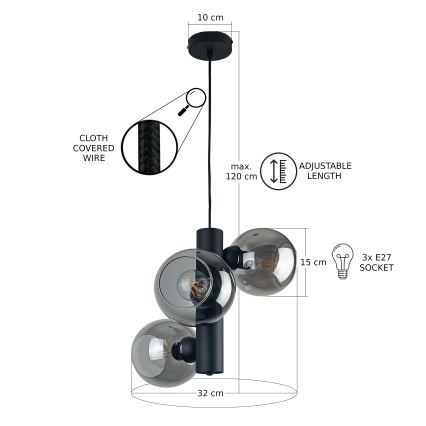 Pakabinamas sietynas TUBE 3xE27/60W/230V juoda/dūminis juoda