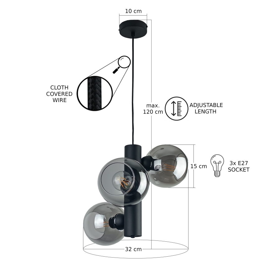 Pakabinamas sietynas TUBE 3xE27/60W/230V juoda/dūminis juoda