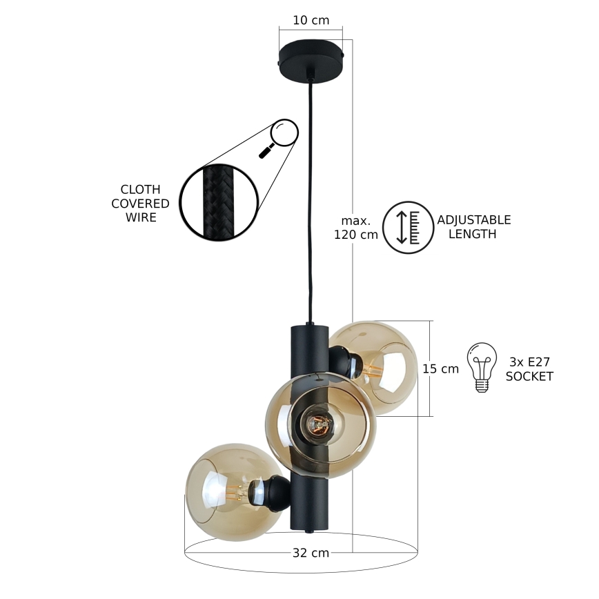 Pakabinamas sietynas TUBE 3xE27/60W/230V juoda/dūminis smėlio spalva