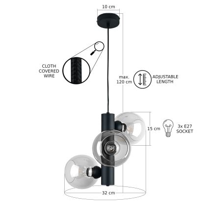 Pakabinamas sietynas TUBE 3xE27/60W/230V juoda/permatoma