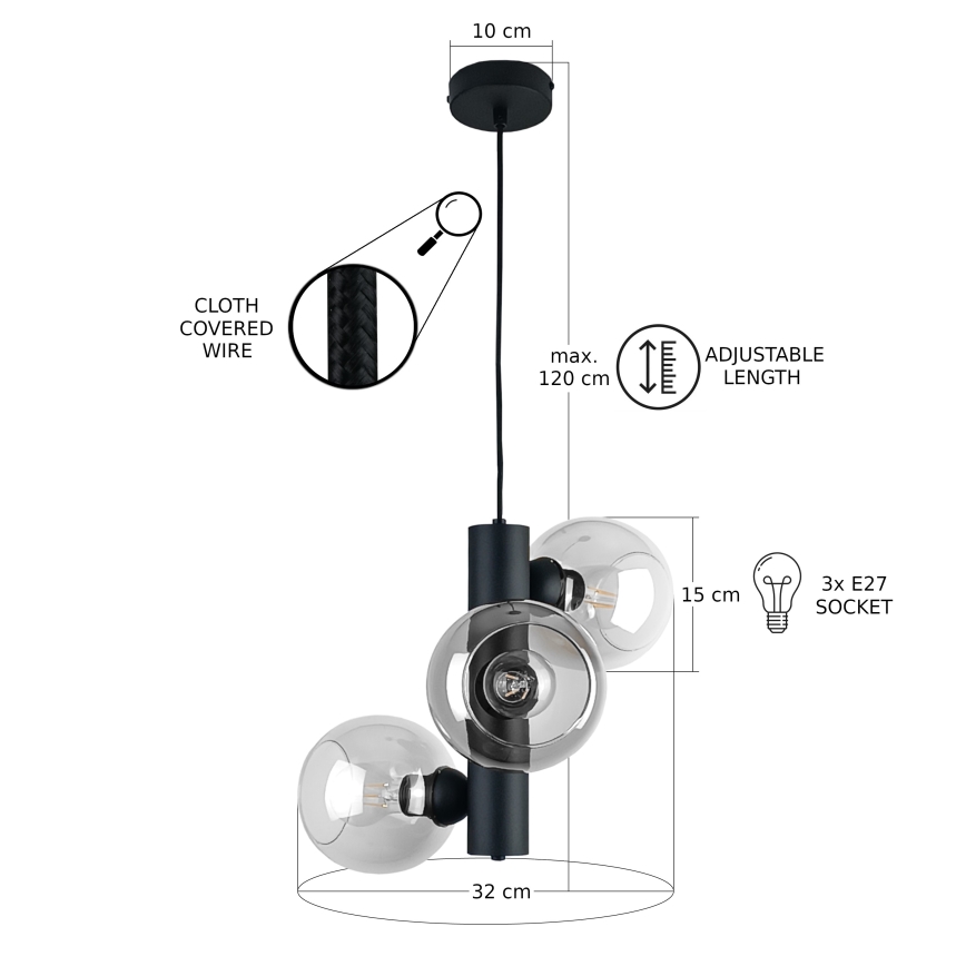 Pakabinamas sietynas TUBE 3xE27/60W/230V juoda/permatoma