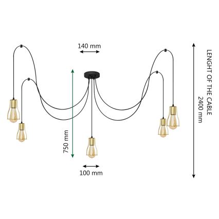 Pakabinamas sietynas TUBE LONG 5xE27/15W/230V juoda/auksas
