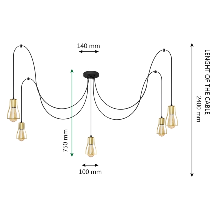 Pakabinamas sietynas TUBE LONG 5xE27/15W/230V juoda/auksas