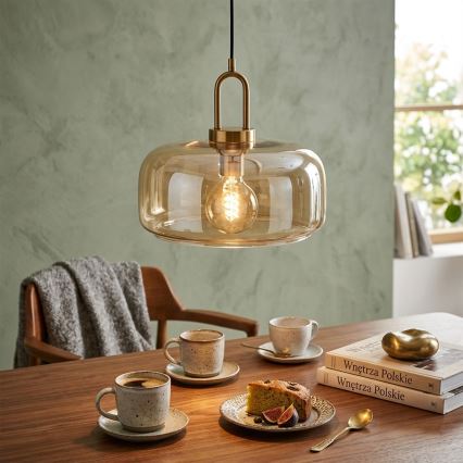 Pakabinamas šviestuvas AMAYA ant laido 1xE27/15W/230V, auksinis/rūkytos smėlio spalvos