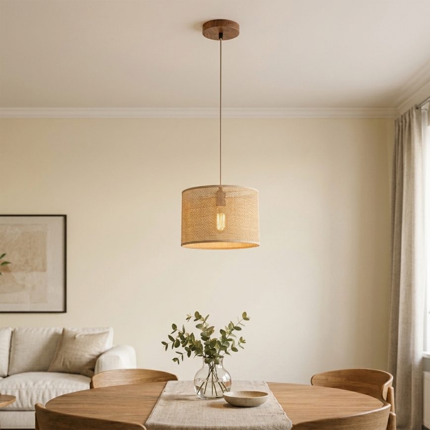 Pakabinamas šviestuvas ant laido AIDA 1xE27/15W/230V, skersmuo 25 cm, ąžuolas/rafija