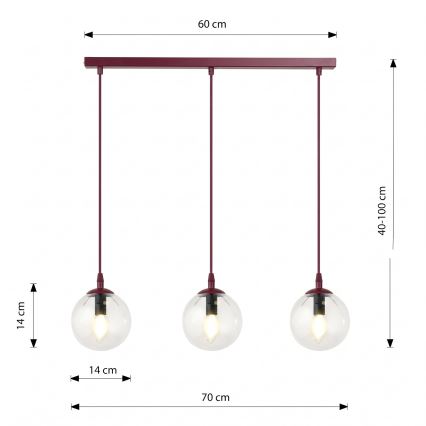 Pakabinamas šviestuvas ant laido COSMO 3xE14/10W/230V raudona/skaidri