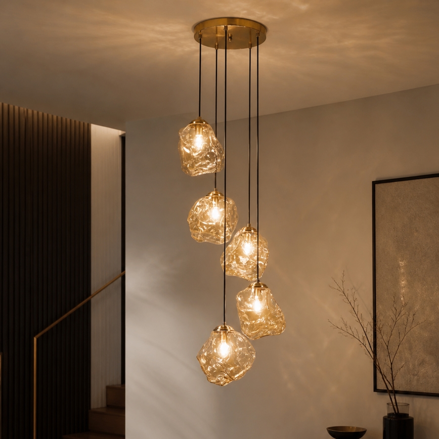 Pakabinamas šviestuvas ant laido CRISTAL 5xE14/15W/230V žalvaris/dūminė smėlio spalva