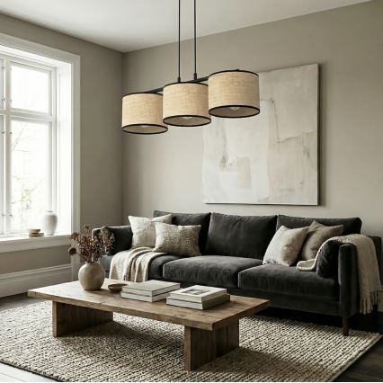 Pakabinamas šviestuvas ant laido ECO 3xE27/15W/230V smėlio spalvos/rotangas