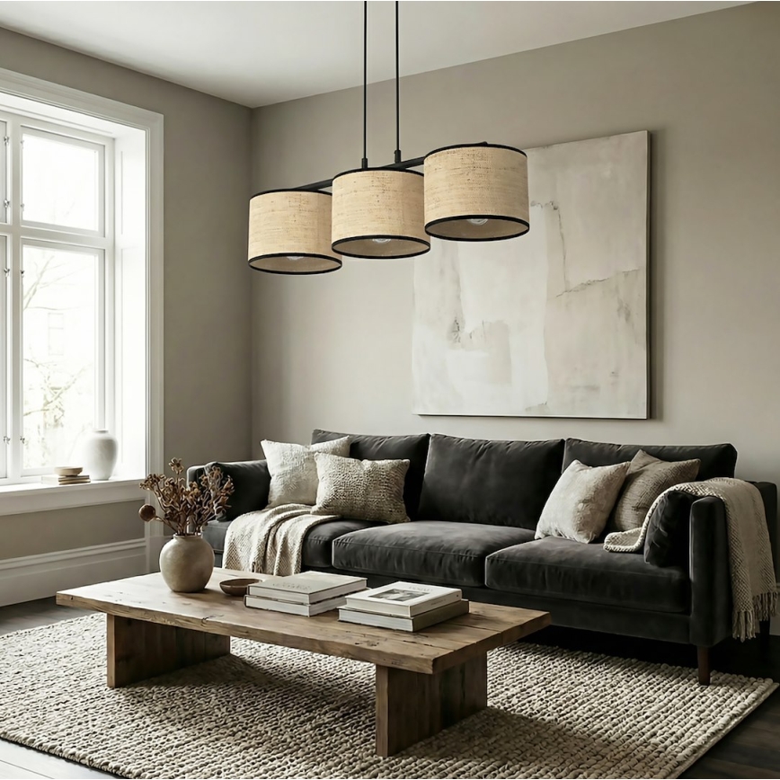 Pakabinamas šviestuvas ant laido ECO 3xE27/15W/230V smėlio spalvos/rotangas
