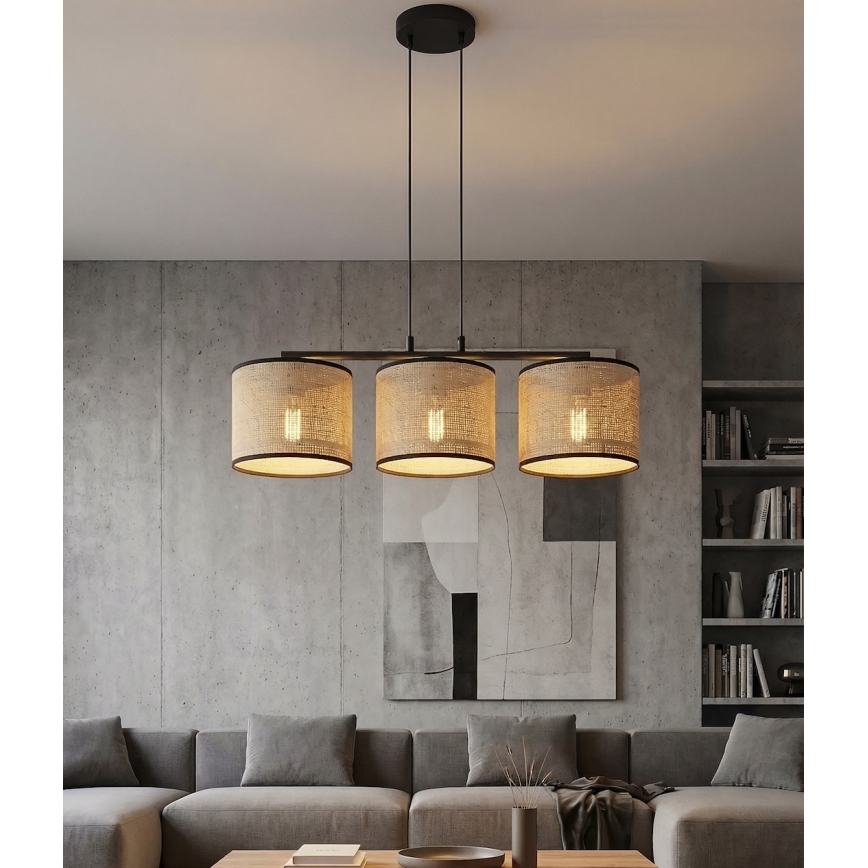 Pakabinamas šviestuvas ant laido ECO 3xE27/15W/230V smėlio spalvos/rotangas