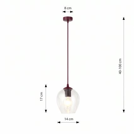 Pakabinamas šviestuvas ant laido ISTAR 1xE27/15W/230V skersmuo 14 cm raudona/skaidri