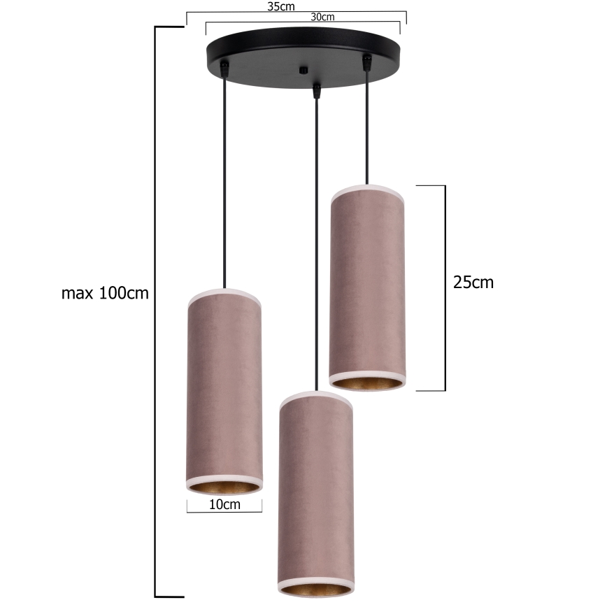 Pakabinamas šviestuvas ant laido AVALO 3xE27/60W/230V skersmuo 35 cm rožinė/vario spalvos