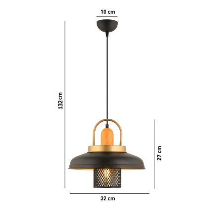 Pakabinamas šviestuvas MONZA su laidu, 1xE27/40W/230V, Ø 32 cm, juoda/auksinė
