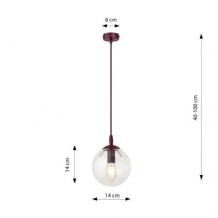 Pakabinamas šviestuvas su laidu COSMO 1xE14/10W/230V Ø 14 cm raudonas/permatomas