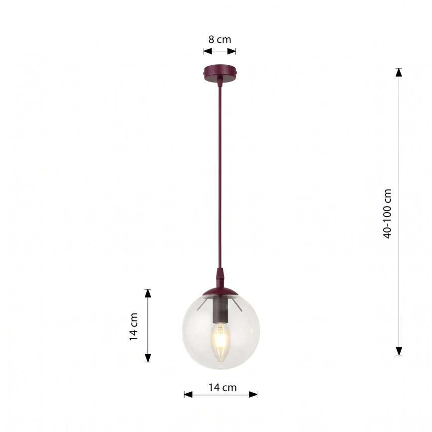 Pakabinamas šviestuvas su laidu COSMO 1xE14/10W/230V Ø 14 cm raudonas/permatomas